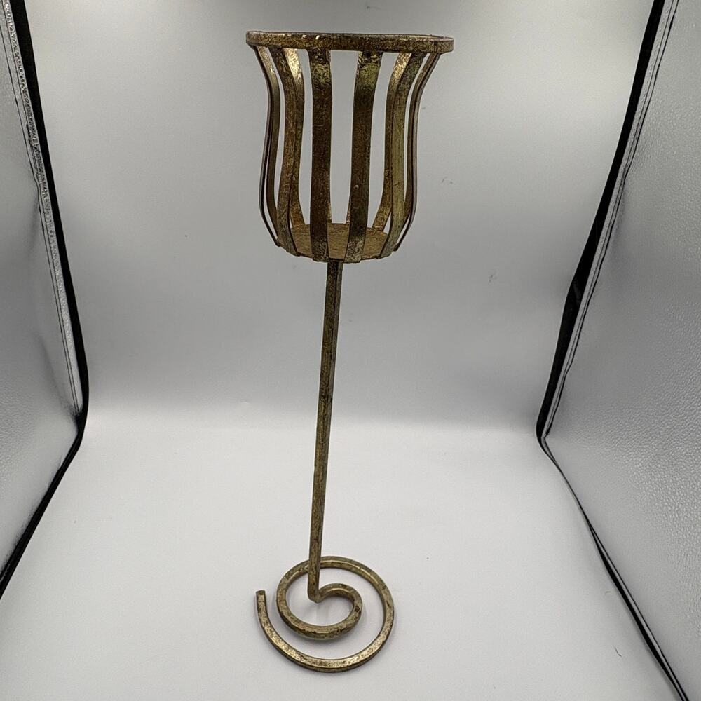 Heavy Gold Tone Wrought Iron Pillar Candle Holder Spiral Base 18" Tall
